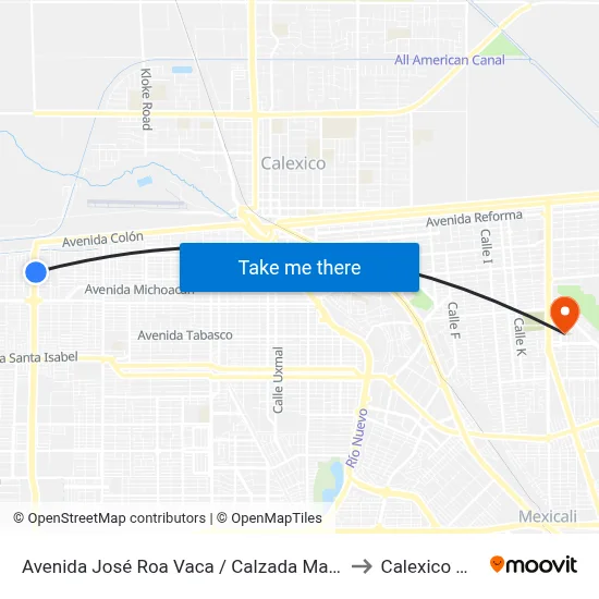 Avenida José Roa Vaca / Calzada Manuel Gómez Morín to Calexico Mexicali map