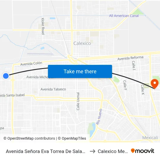 Avenida Señora Eva Torrea De Salas / Colonos to Calexico Mexicali map