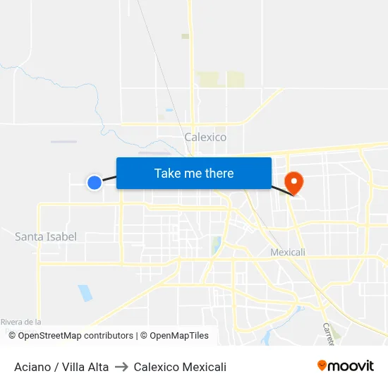 Aciano / Villa Alta to Calexico Mexicali map
