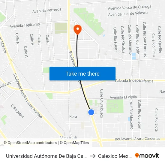 Universidad Autónoma De Baja California to Calexico Mexicali map