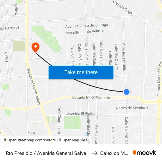 Río Presidio / Avenida General Salvador Alvarado to Calexico Mexicali map
