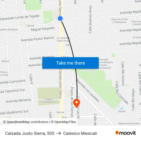 Calzada Justo Sierra, 505 to Calexico Mexicali map