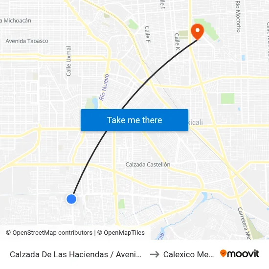 Calzada De Las Haciendas / Avenida Barcino to Calexico Mexicali map