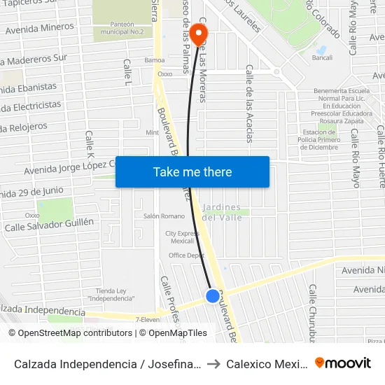 Calzada Independencia / Josefina Haro to Calexico Mexicali map