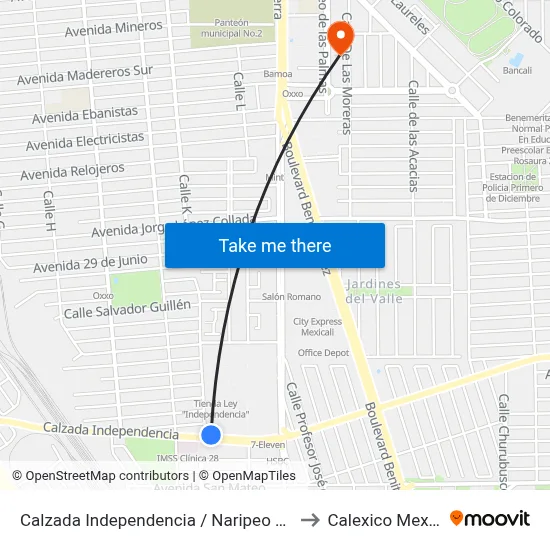 Calzada Independencia / Naripeo Carlone to Calexico Mexicali map