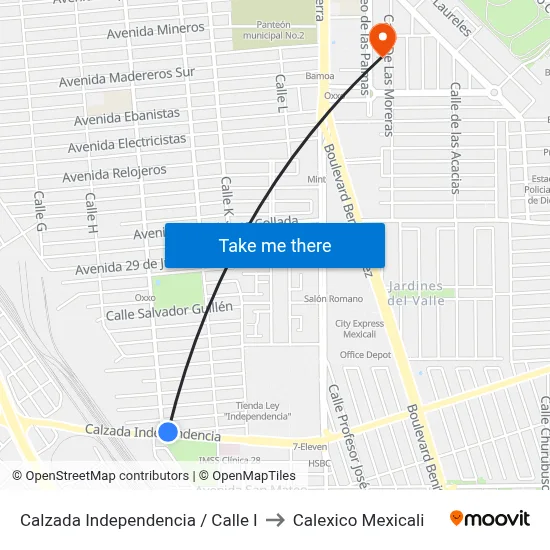 Calzada Independencia / Calle I to Calexico Mexicali map