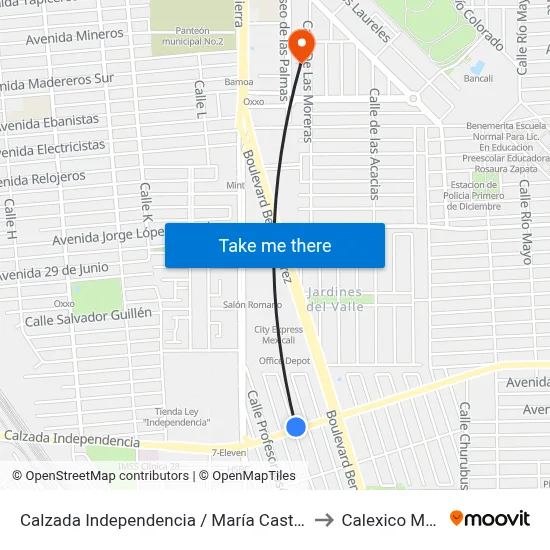 Calzada Independencia / María Castro Valenzuela to Calexico Mexicali map