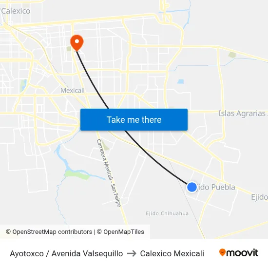 Ayotoxco / Avenida Valsequillo to Calexico Mexicali map