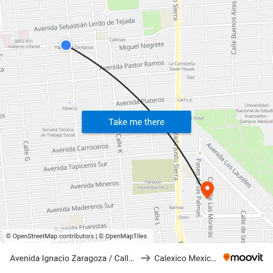 Avenida Ignacio Zaragoza / Calle I to Calexico Mexicali map