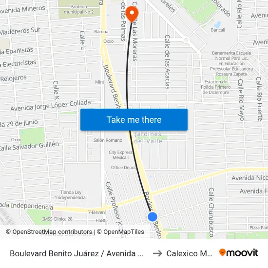 Boulevard Benito Juárez / Avenida Molino Del Rey to Calexico Mexicali map