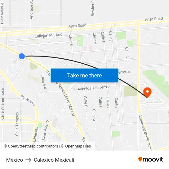 México to Calexico Mexicali map