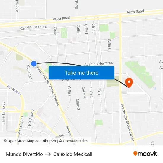 Mundo Divertido to Calexico Mexicali map
