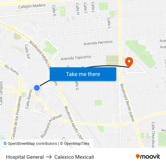 Hospital General to Calexico Mexicali map
