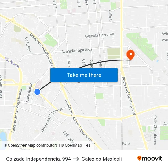 Calzada Independencia, 994 to Calexico Mexicali map