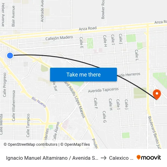 Ignacio Manuel Altamirano / Avenida Sebastián Lerdo De Tejada to Calexico Mexicali map
