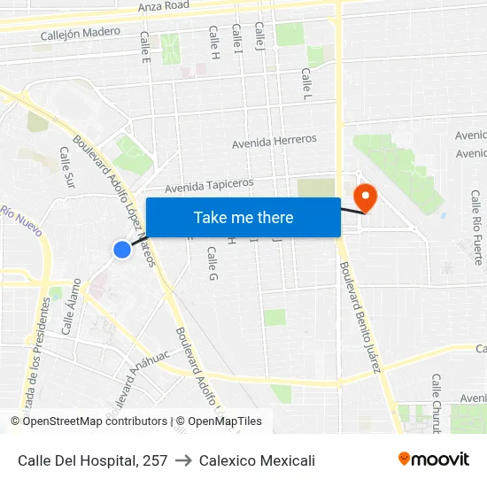 Calle Del Hospital, 257 to Calexico Mexicali map