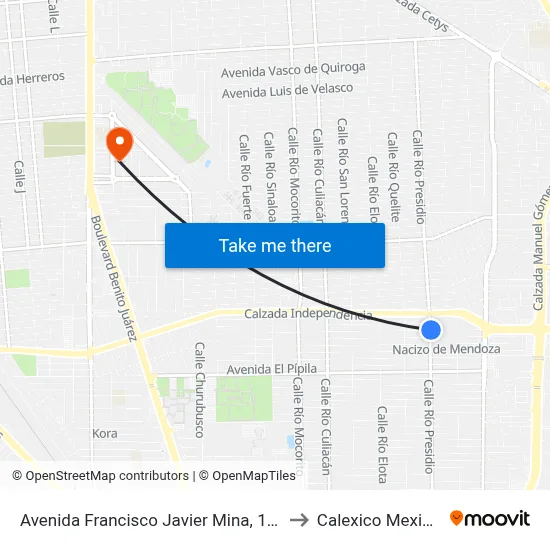 Avenida Francisco Javier Mina, 1301 to Calexico Mexicali map