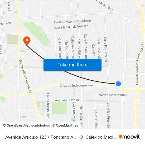 Avenida Artículo 123 / Ponciano Arriaga to Calexico Mexicali map
