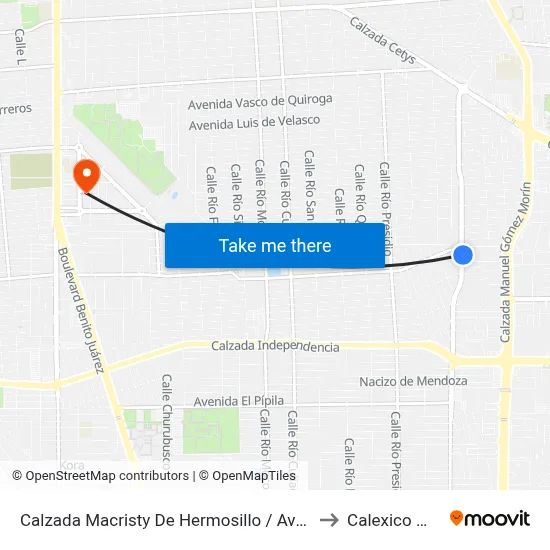 Calzada Macristy De Hermosillo / Avenida Villalpando to Calexico Mexicali map