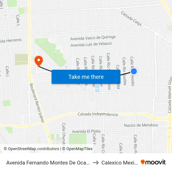 Avenida Fernando Montes De Oca, 1300 to Calexico Mexicali map