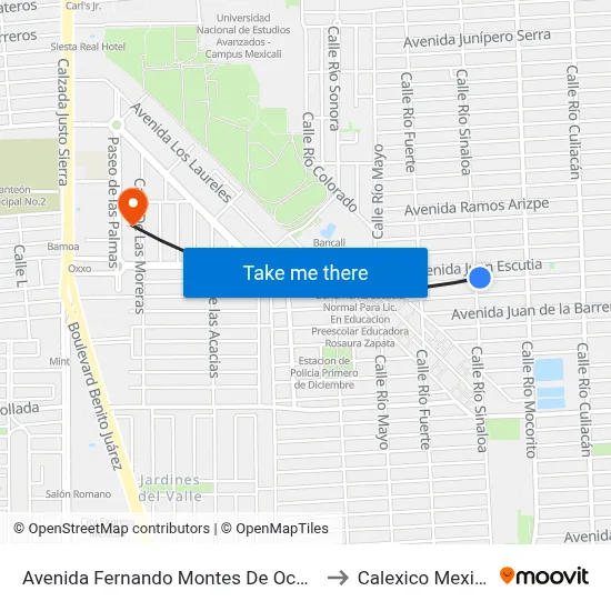 Avenida Fernando Montes De Oca, 701 to Calexico Mexicali map