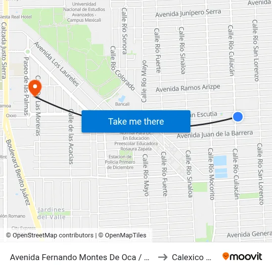 Avenida Fernando Montes De Oca / Calle Río Culiacán to Calexico Mexicali map