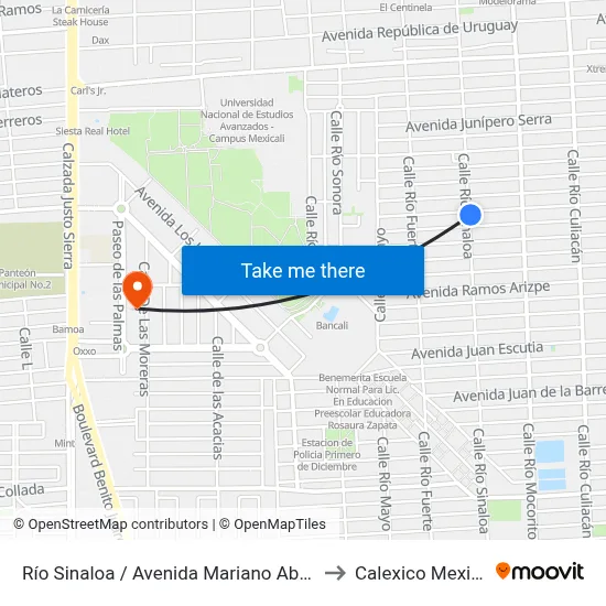 Río Sinaloa / Avenida Mariano Abasolo to Calexico Mexicali map