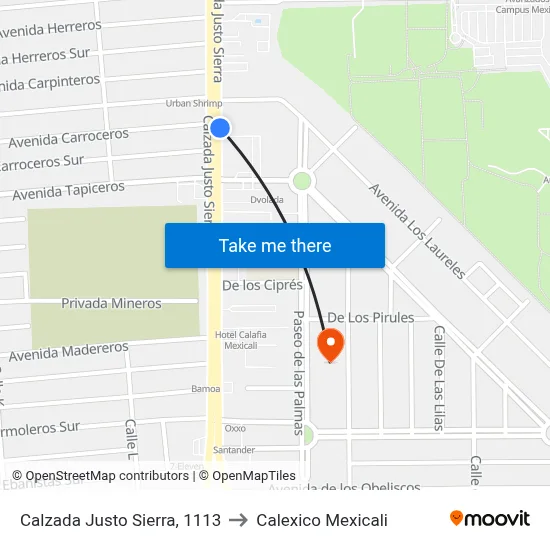 Calzada Justo Sierra, 1113 to Calexico Mexicali map