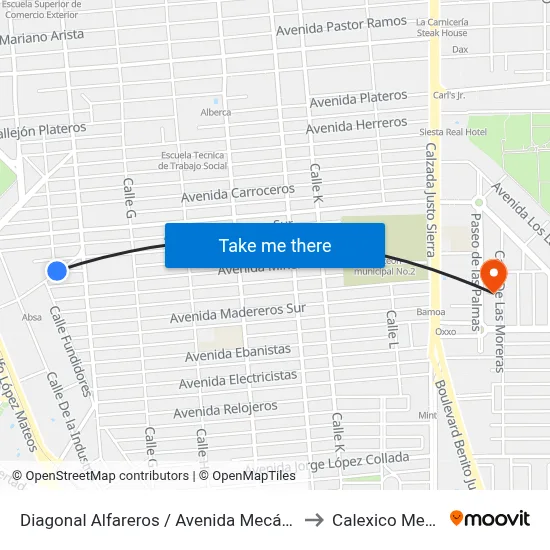 Diagonal Alfareros / Avenida Mecánicos Sur to Calexico Mexicali map