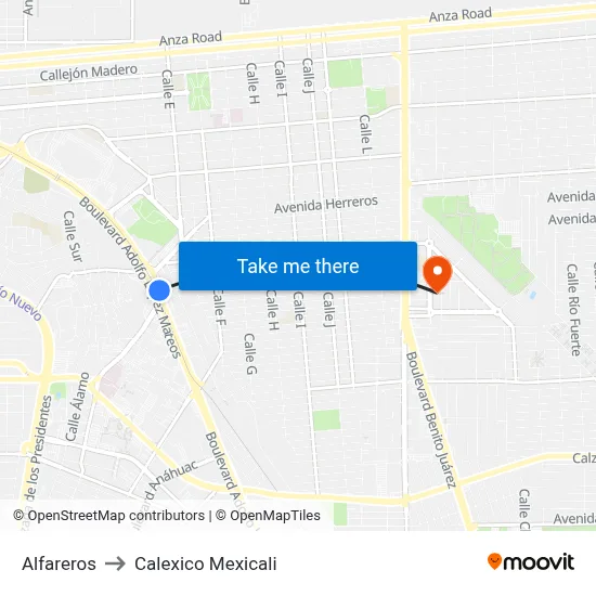 Alfareros to Calexico Mexicali map