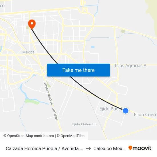 Calzada Heróica Puebla / Avenida Atlixco to Calexico Mexicali map