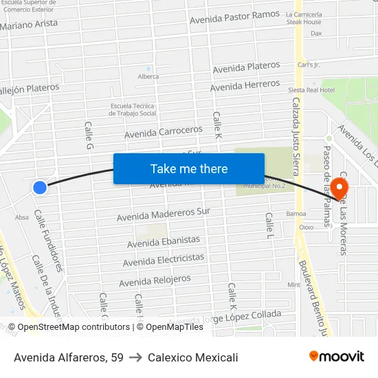 Avenida Alfareros, 59 to Calexico Mexicali map