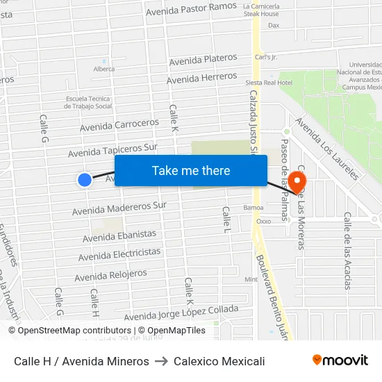 Calle H / Avenida Mineros to Calexico Mexicali map