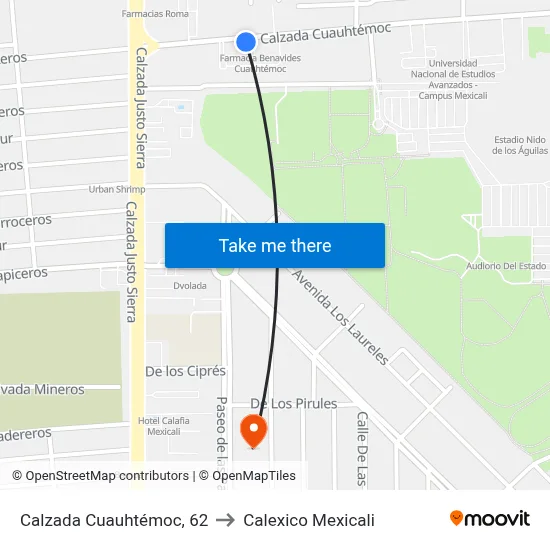 Calzada Cuauhtémoc, 62 to Calexico Mexicali map