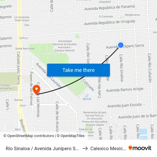 Río Sinaloa / Avenida Junípero Serra to Calexico Mexicali map