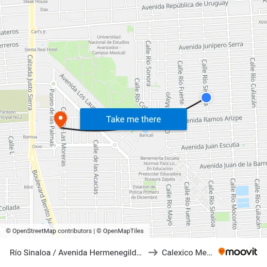 Río Sinaloa / Avenida Hermenegildo Galeana to Calexico Mexicali map