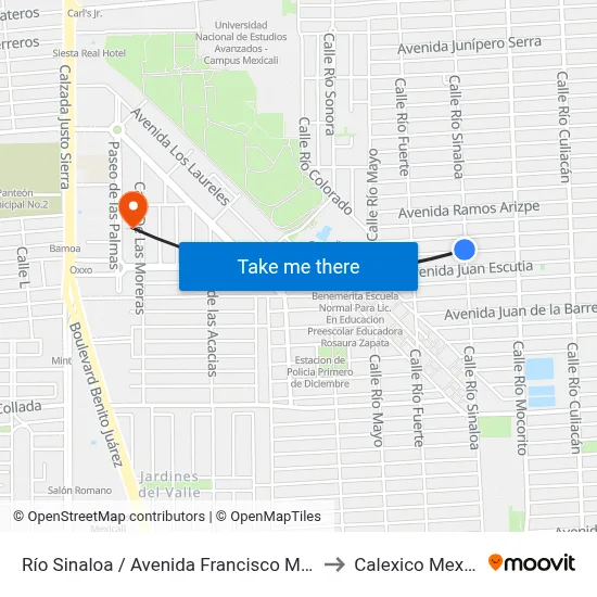 Río Sinaloa / Avenida Francisco Márquez to Calexico Mexicali map