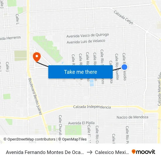 Avenida Fernando Montes De Oca, 1298 to Calexico Mexicali map