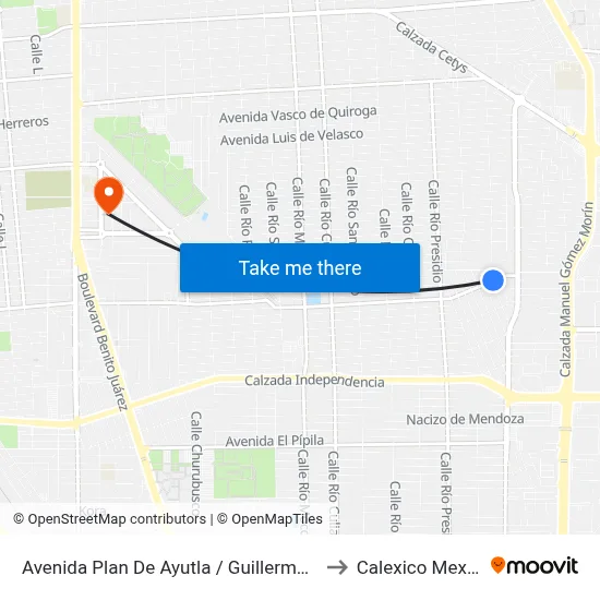 Avenida Plan De Ayutla / Guillermo Prieto to Calexico Mexicali map