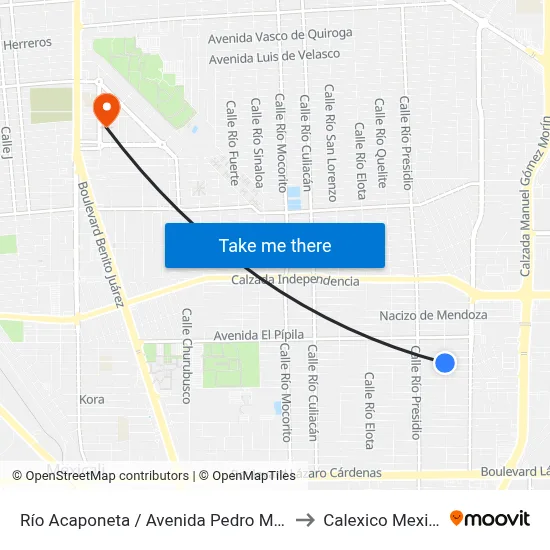 Río Acaponeta / Avenida Pedro Moreno to Calexico Mexicali map