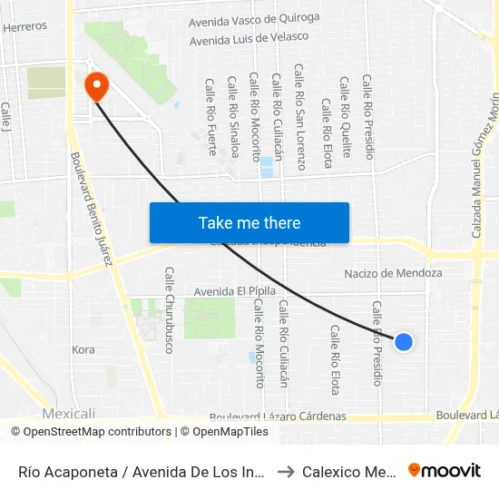 Río Acaponeta / Avenida De Los Insurgentes to Calexico Mexicali map