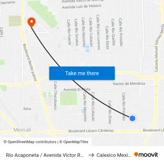 Río Acaponeta / Avenida Víctor Rosales to Calexico Mexicali map