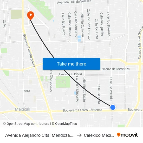 Avenida Alejandro Cital Mendoza, 1301 to Calexico Mexicali map