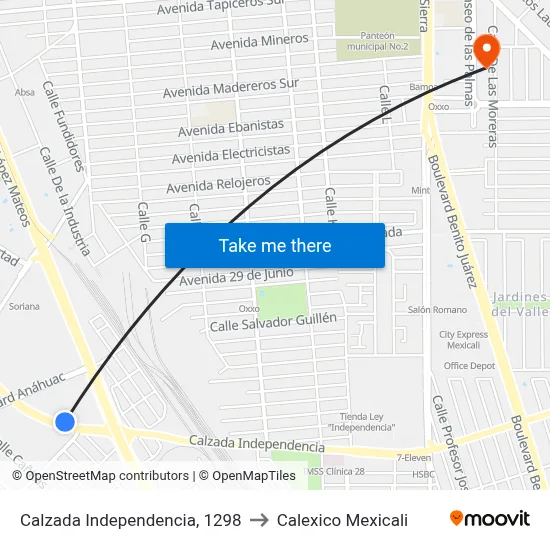 Calzada Independencia, 1298 to Calexico Mexicali map