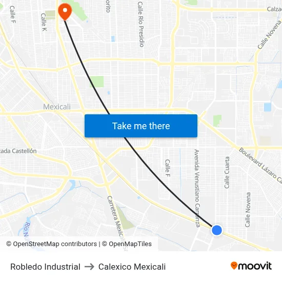 Robledo Industrial to Calexico Mexicali map