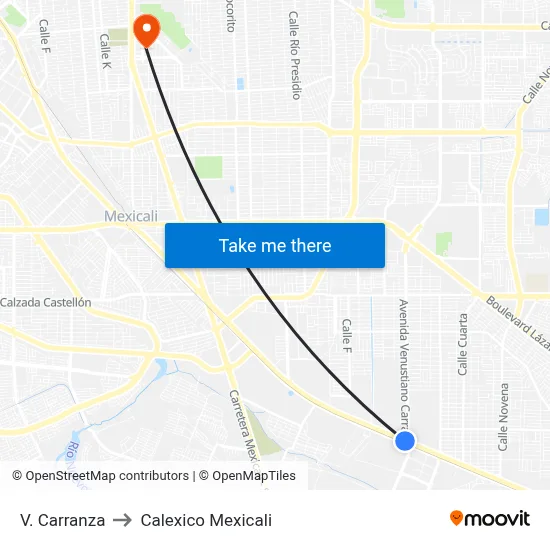 V. Carranza to Calexico Mexicali map