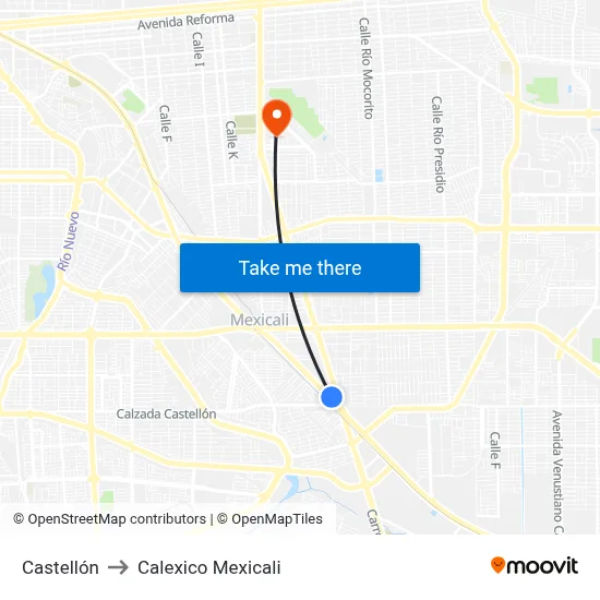 Castellón to Calexico Mexicali map