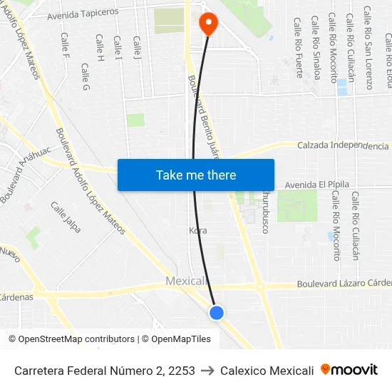 Carretera Federal Número 2, 2253 to Calexico Mexicali map