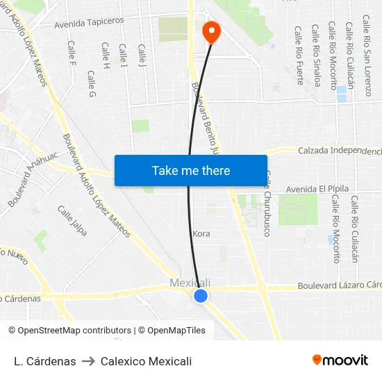 L. Cárdenas to Calexico Mexicali map