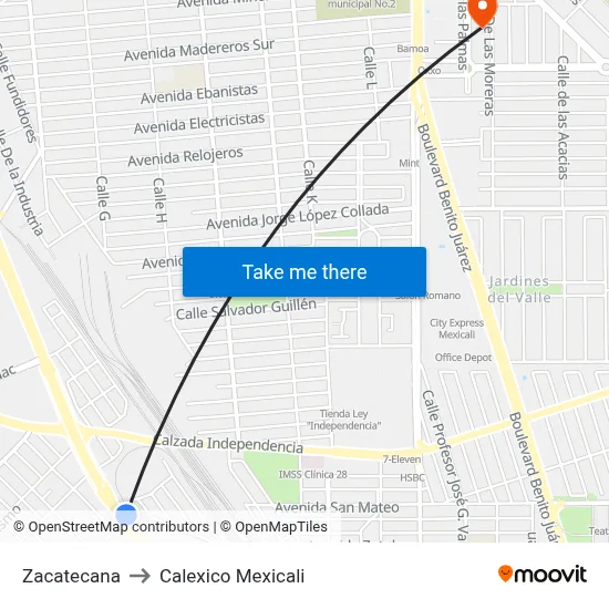 Zacatecana to Calexico Mexicali map
